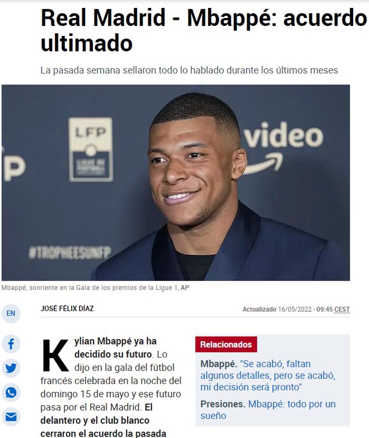 Tờ Marca khẳng định thương vụ Mbappe gia nhập Real đã xong