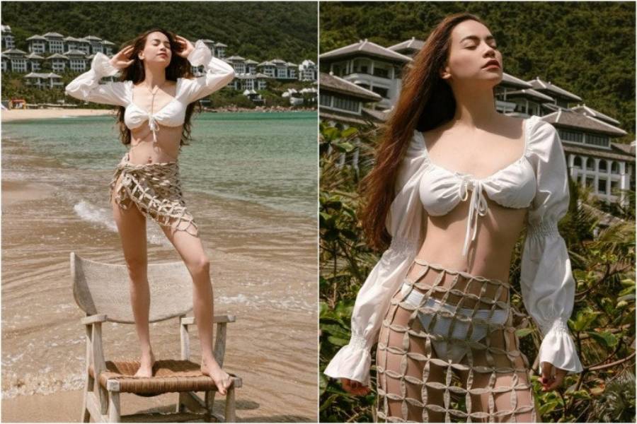 Hồ Ngọc Hà khoe body gợi cảm với trang phục đi biển, chân váy lưới to bản giúp mẹ 3 con khoe khéo eo thon hông nở.