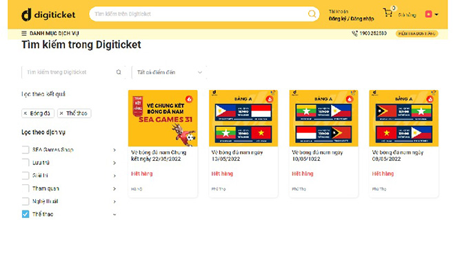 Vé trận chung kết môn bóng đá nam SEA Games 31 trên trang chủ Digiticket đã thông báo “Hết hàng” (Ảnh chụp màn hình)
