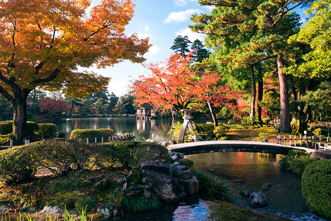 Quang cảnh đầy quyến rũ của khu vườn Kenroku-en, một trong ba khu vườn nổi tiếng của Nhật Bản ở Kanazawa vào mùa thu
