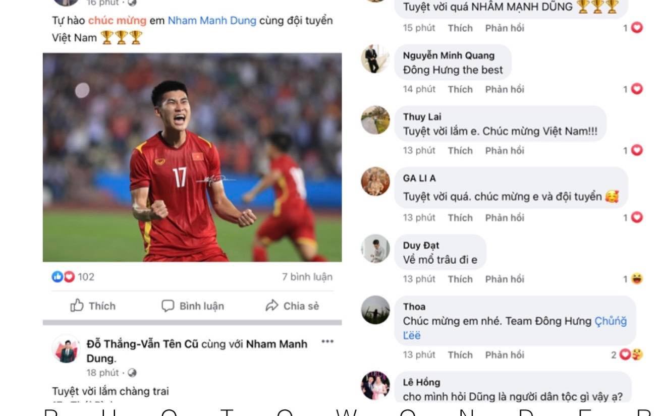 Sau khi Nhâm Mạnh Dũng ghi bàn, rất nhiều người hâm mộ, bạn bè đã vào trang Facebook cá nhân của Dũng&nbsp;để chúc mừng.