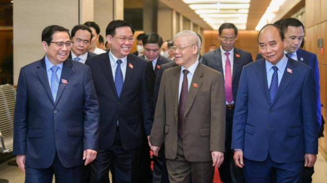 Từ trái sang phải: Thủ tướng Chính phủ Phạm Minh Chính, Chủ tịch Quốc hội Vương Đình Huệ, Tổng Bí thư Nguyễn Phú Trọng, Chủ tịch nước Nguyễn Xuân Phúc