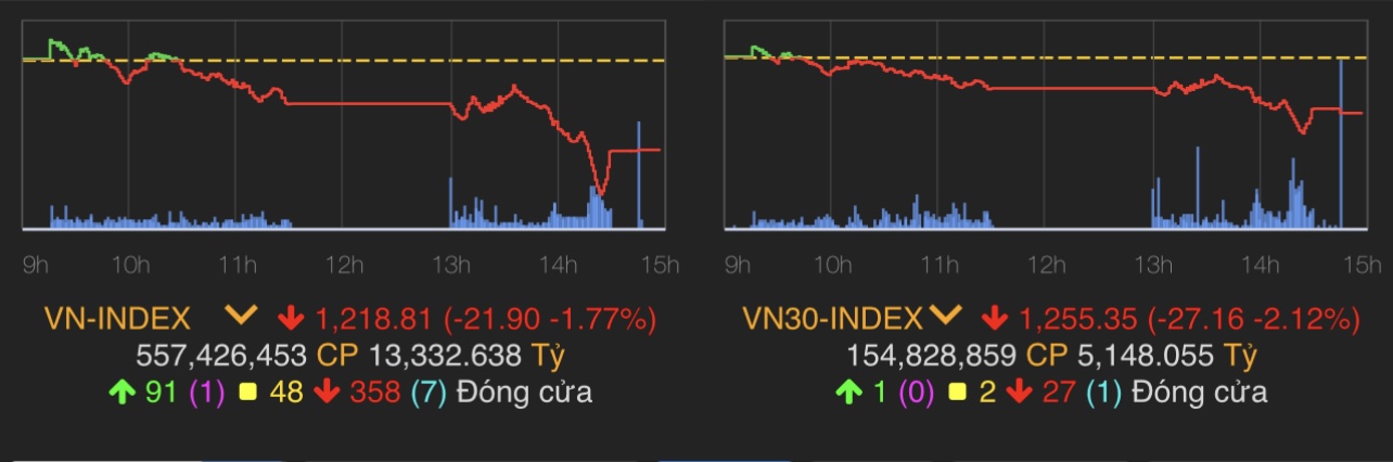 VN-Index rơi 21,9 điểm (1,77%) về 1.218,81 điểm.