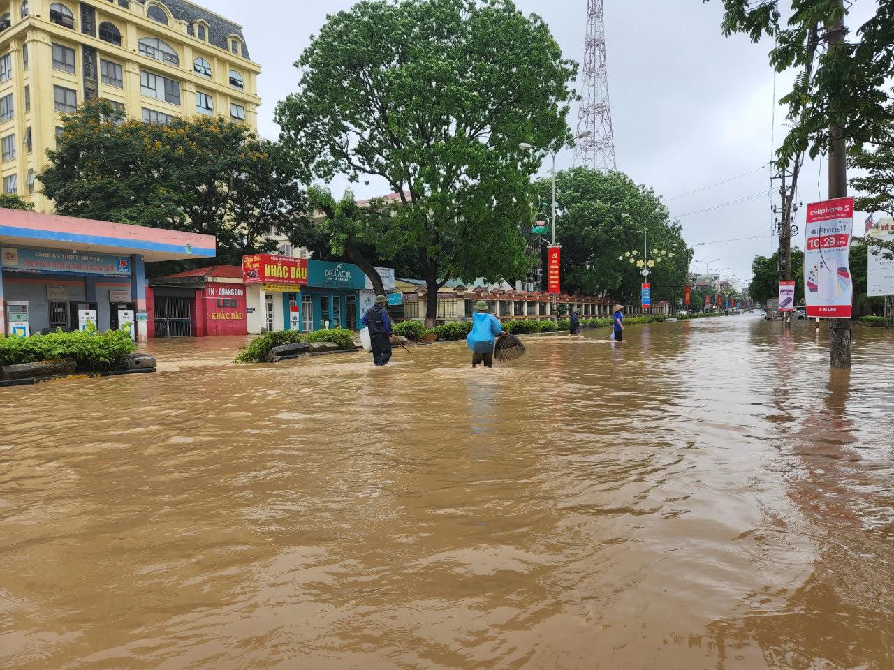 &nbsp;Người dân mang nơm ra úp cá trên đường.