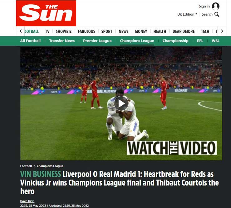Tờ The Sun cho rằng Vinicius và Courtois đã "làm tan nát trái tim" của "Lữ đoàn đỏ vùng Merseyside"