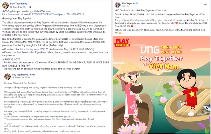 Thông báo trên fanpage chính thức của Play Together về việc tựa game này sẽ được phát hành tại Việt Nam.