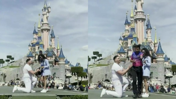Người đàn ông đã cầu hôn bạn gái của mình tại Disneyland Paris nhưng bị nhân viên ngăn cản.