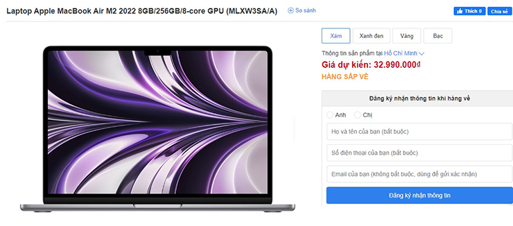 MacBook Air 13 inch M2 2022 có giá khởi điểm là 32,99 triệu đồng.