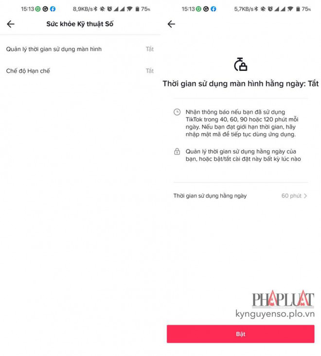 Kích hoạt tính năng quản lý thời gian và chế độ hạn chế trên TikTok. Ảnh: MINH HOÀNG
