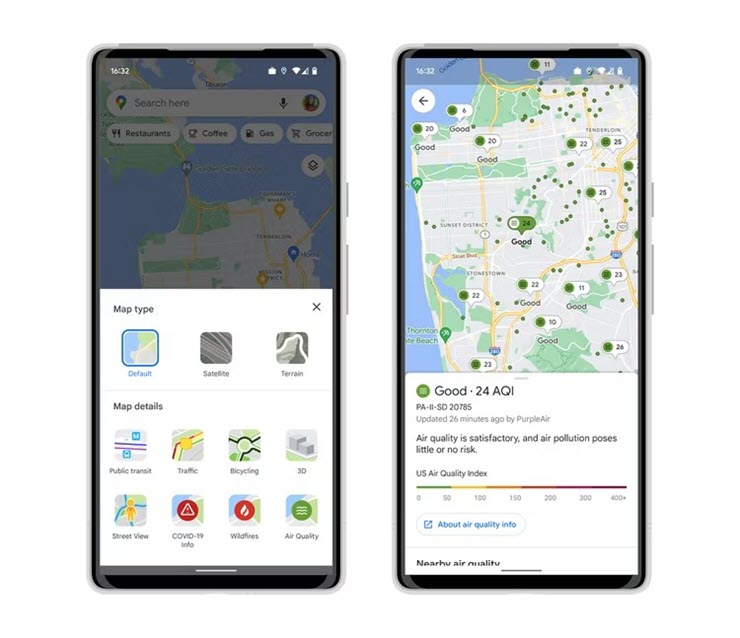 Google Maps đã bổ sung khả năng hiển thị chất lượng không khí.