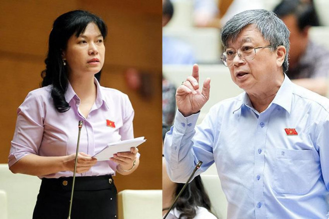Đại biểu Tạ Thị Yên (trái) và đại biểu Trương Trọng Nghĩa phát biểu tại Quốc hội ngày 10-6. Ảnh: QH