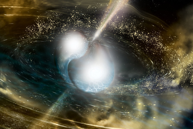 Vũ điệu của 2 ngôi sao neutron đang sáp nhập - Ảnh: MIT NEWS