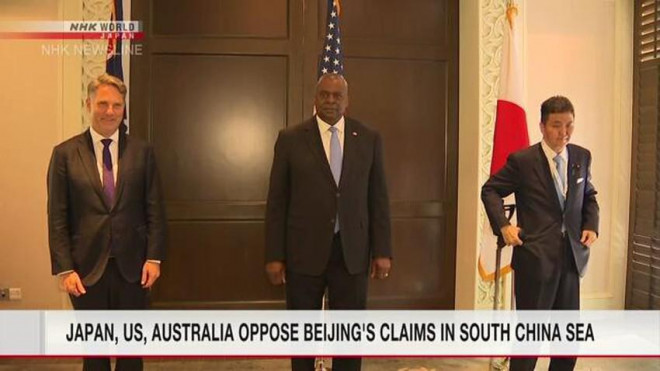 (Từ trái sang): Bộ trưởng Bộ Quốc phòng Úc – ông Richard Marles, Bộ trưởng Quốc phòng Mỹ - ông Lloyd Austin và Bộ trưởng Quốc phòng Nhật – ông Kishi Nobuo. Ảnh: NHK
