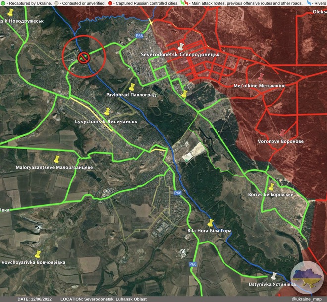 Diễn biến chiến sự ở Severodonetsk. Vùng khoanh đỏ là nơi cây cầu bị phá hủy.