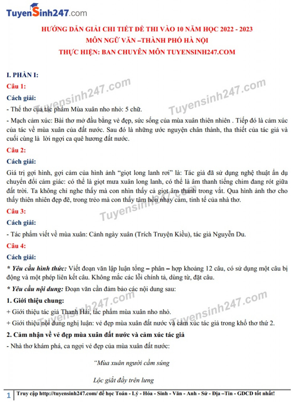 Đáp án đề thi môn Ngữ văn tuyển sinh lớp 10 Hà Nội năm 2022 - 1