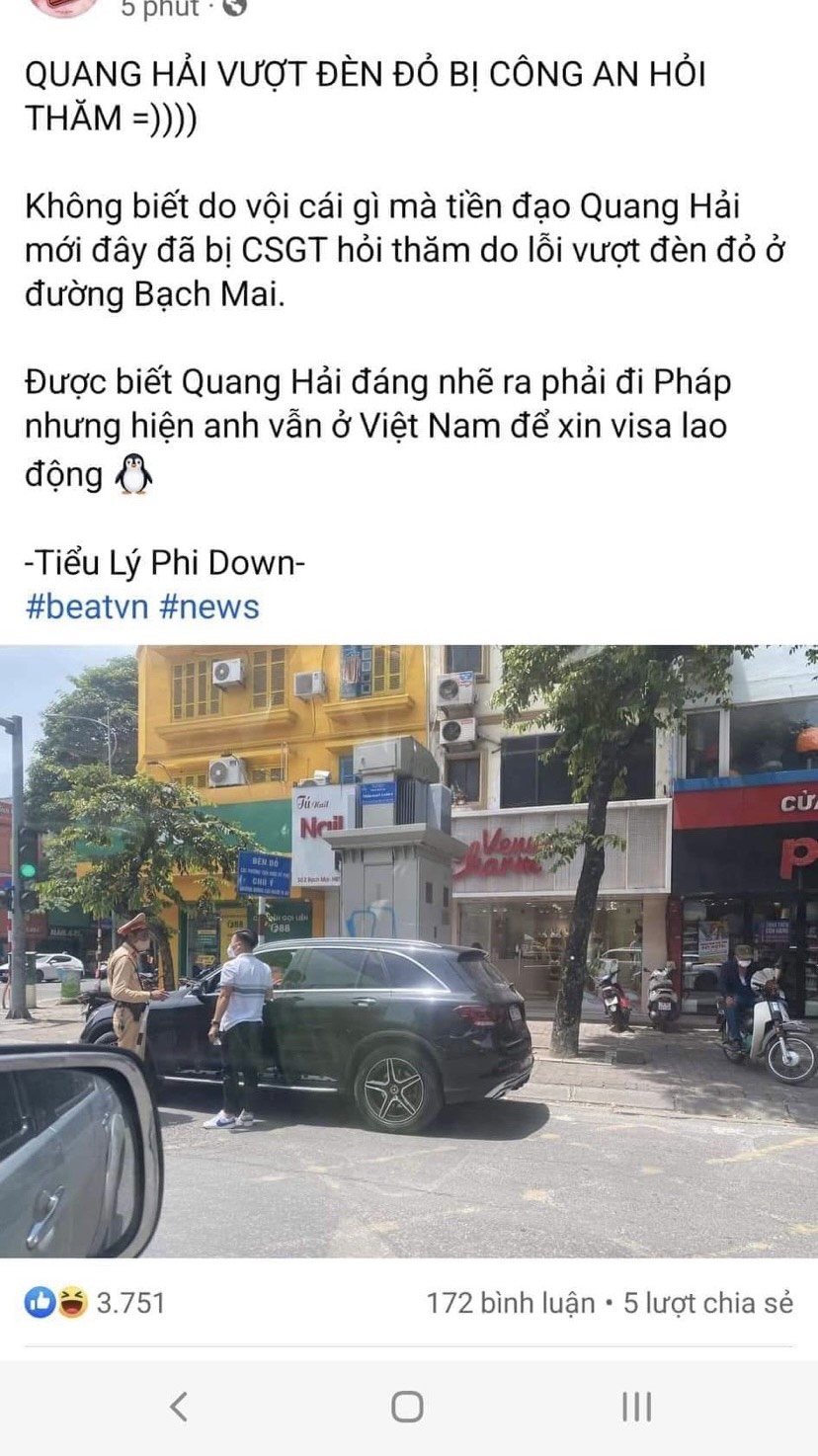 Sự thật thông tin cầu thủ Quang Hải bị CSGT dừng xe vì vượt đèn đỏ - 1