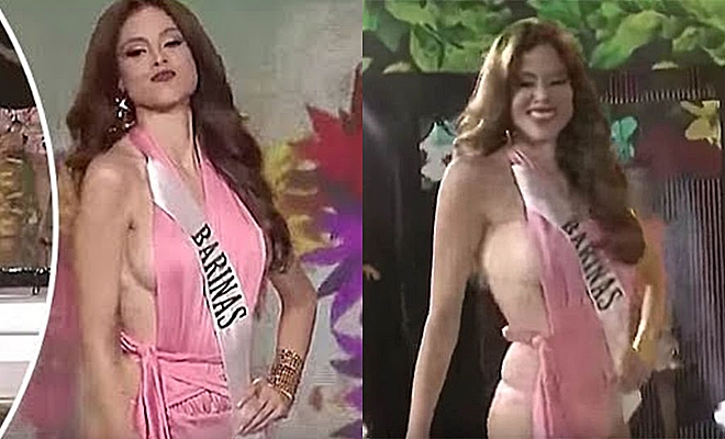 Thí sinh&nbsp;Miss Earth Venezuel gặp sự cố lộ vòng 1 trong phần thi áo tắm.