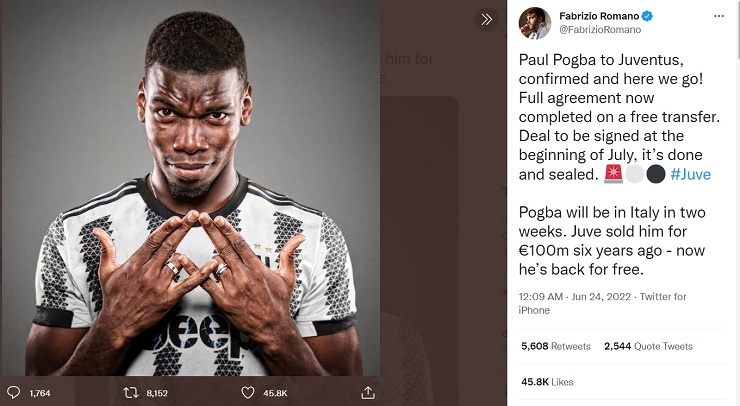 Nhà báo Romano xác nhận Pogba trở lại Juventus