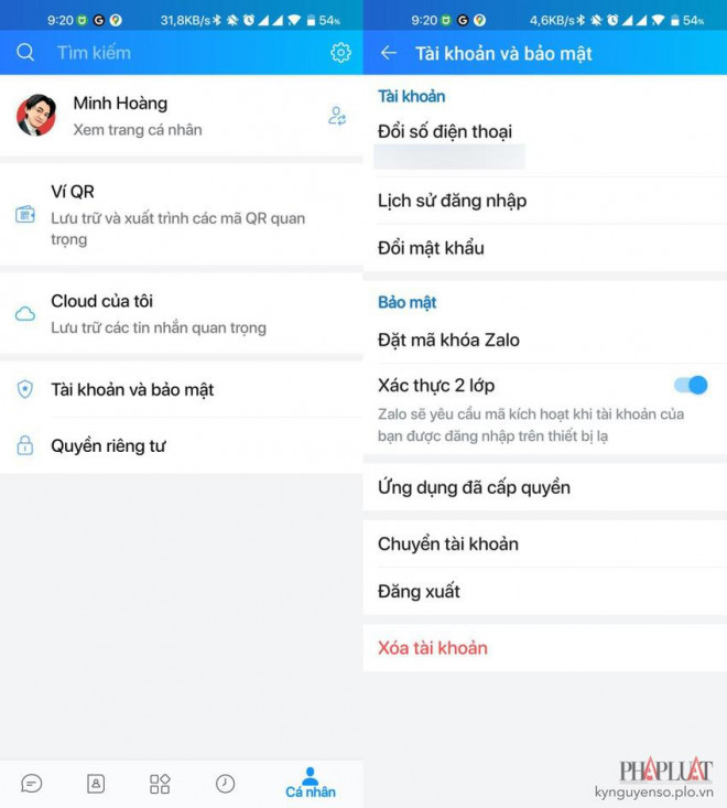 Kích hoạt tính năng xác thực 2 lớp trên Zalo. Ảnh: TIỂU MINH