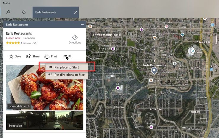 Ghim bản đồ trực tiếp vào menu Start.