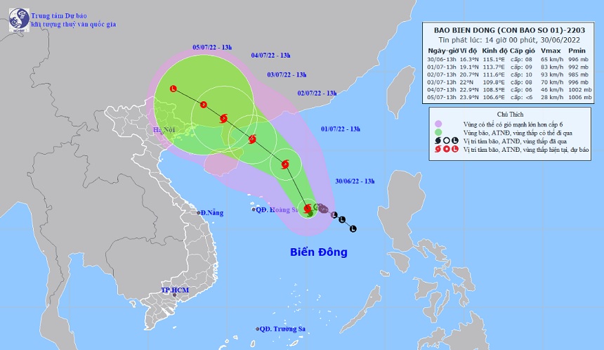 Vị trí và hướng di chuyển tiếp theo của bão số 1 Chaba (Ảnh: Trung tâm Dự báo KTTVQG)