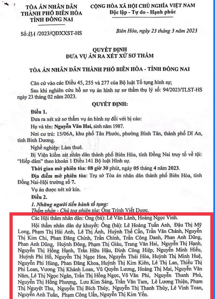 Trong quyết định đưa vụ án ra xét xử, tòa đã bố trí đến 48 hội thẩm nhân dân dự khuyết