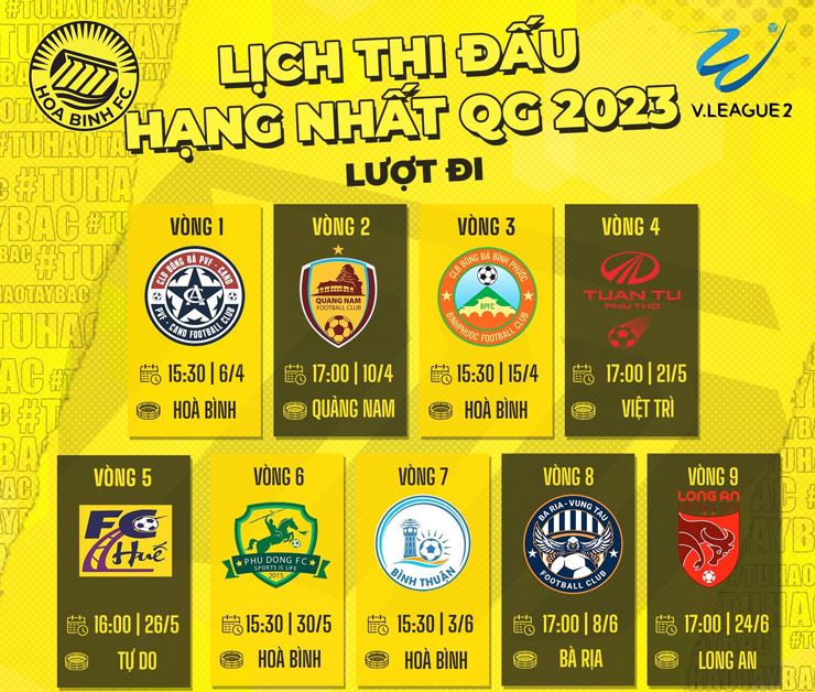 Lịch thi đấu Hòa Bình FC tại lượt đi hạng Nhất quốc gia 2023