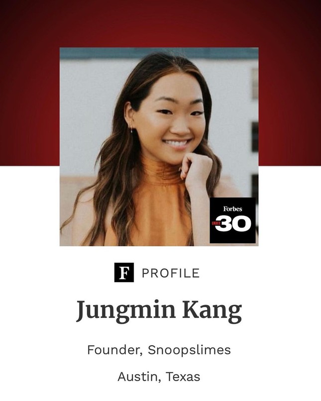 Jungmin Kang là người trẻ nhất lọt top 30 người dưới 30 tuổi được Forbes vinh danh năm 2022, lĩnh vực thương mại điện tử và bán lẻ.