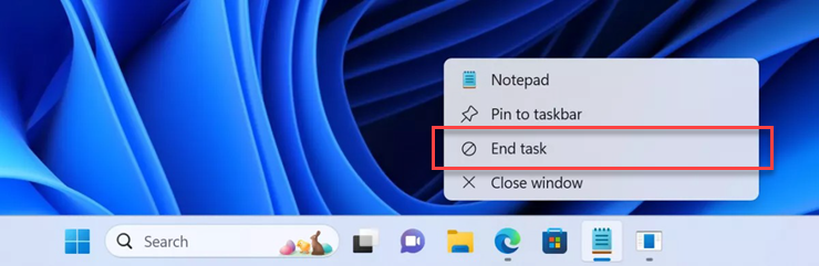 Menu ngữ cảnh của ứng dụng trên thanh Taskbar sẽ có thêm tùy chọn End task.