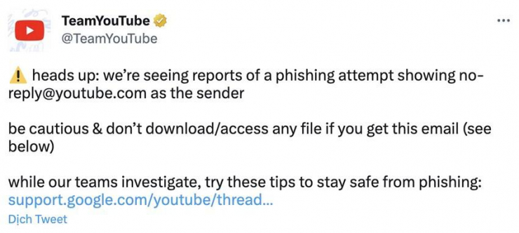 YouTube cảnh báo chiêu lừa giả mạo email. Ảnh: TIỂU MINH