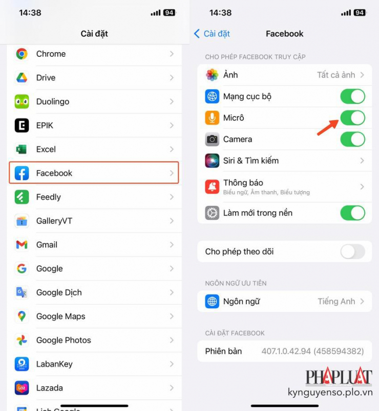 Thu hồi quyền truy cập micro của ứng dụng Facebook trên iPhone. Ảnh: MINH HOÀNG