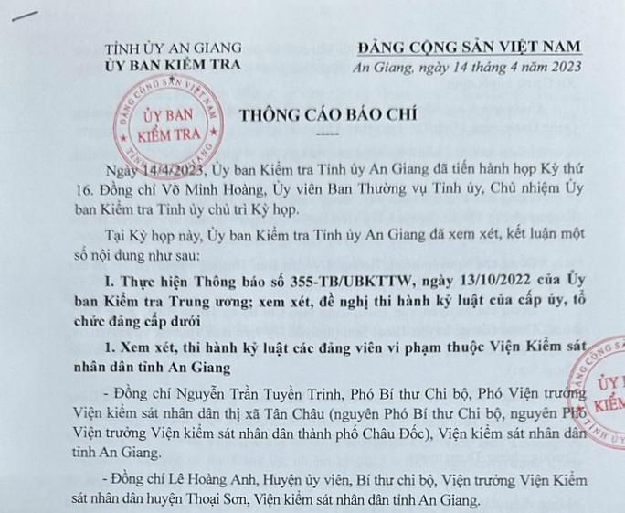 Thông cáo báo chí của Ủy ban Kiểm tra Tỉnh ủy An Giang.