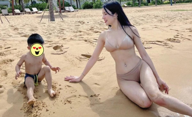 Khoe ảnh diện bikini đi biển cùng con, Diệp Lâm Anh để lộ đầu gối có vết xước. Cô&nbsp;ngay lập tức thanh minh đó là vết thương do quỳ gối bế con trai nghịch cát.&nbsp;
