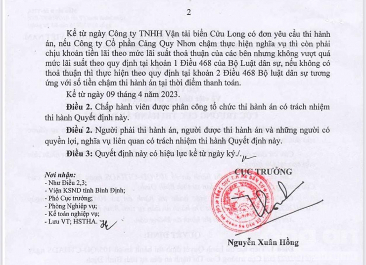 Ngày 10-4-2023, Cục THADS tỉnh Bình Định ra Quyết định buộc Công ty CP Cảng Quy Nhơn phải trả hơn 53,4 tỷ đồng cho Công ty Cửu Long.