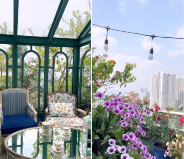 Tầng cao nhất của căn penthouse là nơi thư giãn và làm việc của Hannah và ông xã. Tại đây có phòng kính nhỏ được bao quanh bởi một vườn hoa nhiều màu sắc và thư viện với hơn 2.000 cuốn sách. Nguồn: FBNV&nbsp;