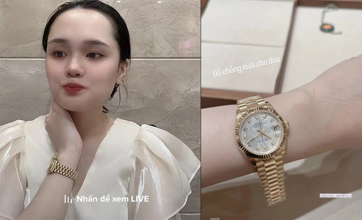 Trong buổi livestream bán mỹ phẩm online, Quỳnh Anh để lộ chiếc đồng hồ được ông xã Duy Mạnh tặng trị giá khoảng hơn 700 triệu đồng.
