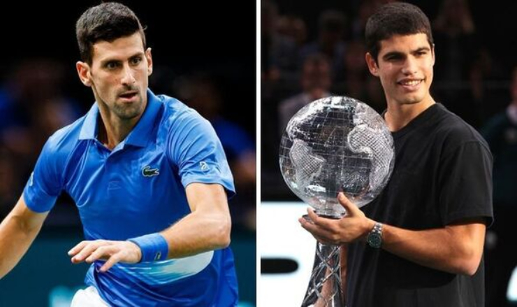 Alcaraz (áo đen) lấy ngôi số 1 thế giới của Djokovic (xanh)