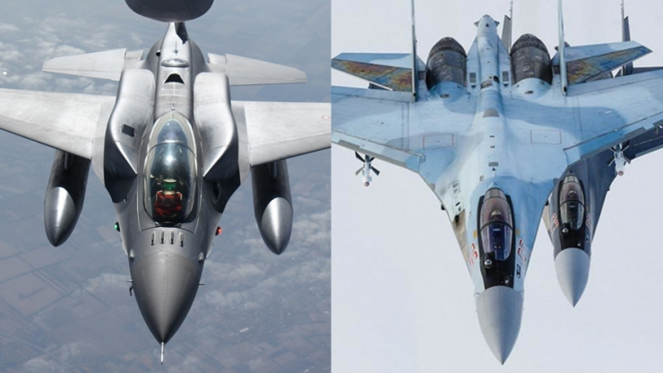 F-16 (bên trái) và Su -35. Ảnh: AP