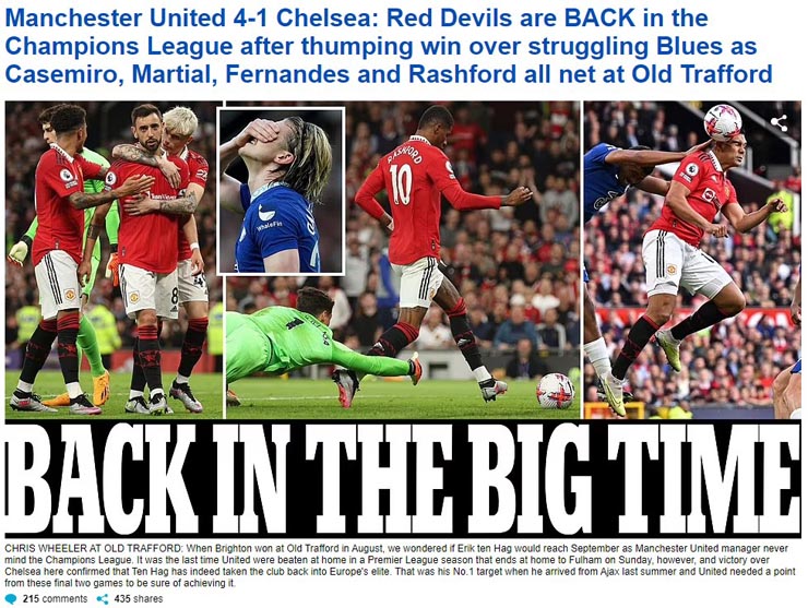 Tờ Daily Mail ca ngợi chiến tích của MU trước Chelsea