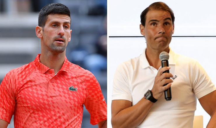 Djokovic (áo đỏ) được cho là buồn nhiều hơn vui khi Nadal (áo trắng) không thể dự Roland Garros 2023