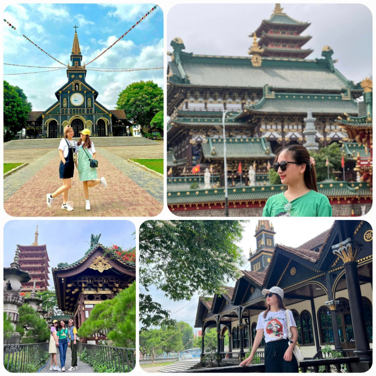 Các du khách đến nhà thờ Gỗ Kon Tum, chùa Minh Thành.