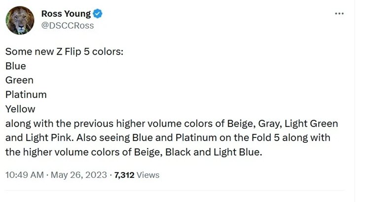 Dòng tweet của Ross Young tiết lộ về các màu sắc mới của Galaxy Z Flip 5.