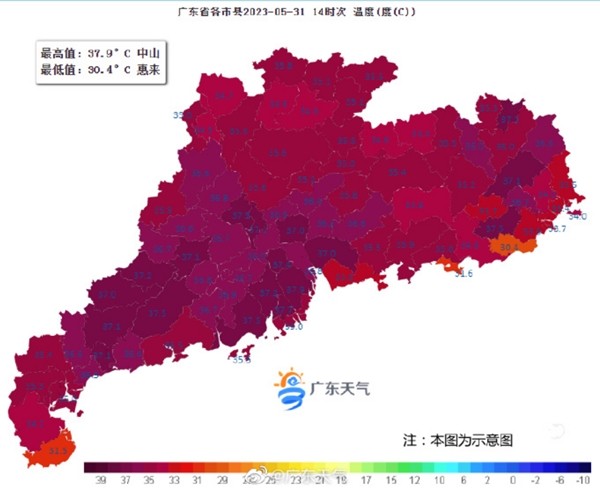 Cảnh báo nắng nóng ở tỉnh Quảng Đông. Ảnh: Weibo.