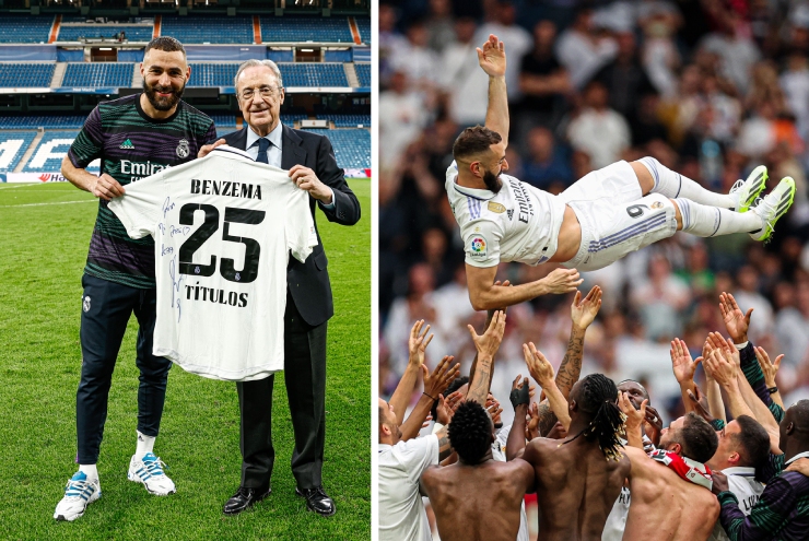 Benzema được các đồng đội công kênh, sau đó nhận số áo 25 từ Chủ tịch Florentino Perez.&nbsp;Anh chính là cầu thủ đoạt nhiều danh hiệu nhất lịch sử đội chủ sân Bernabeu (cùng Marcelo)