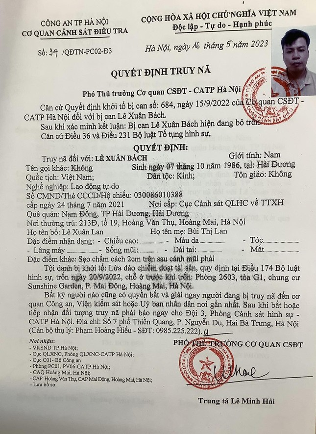 Đối tượng Bách và quyết định truy nã. Ảnh: Công an TP Hà Nội.