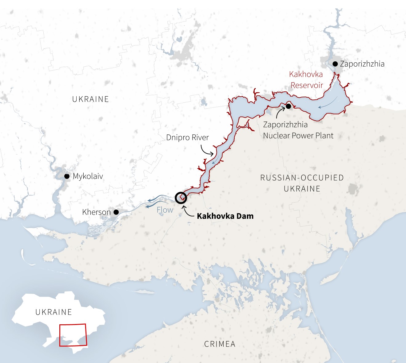 Vị trí đập Nova Kakhovka trên bản đồ (ảnh: Reuters)