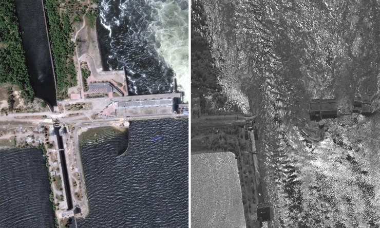 Ảnh vệ tinh cho thấy đập thủy điện&nbsp;Nova Kakhovkatrước và sau khi gặp sự cố.