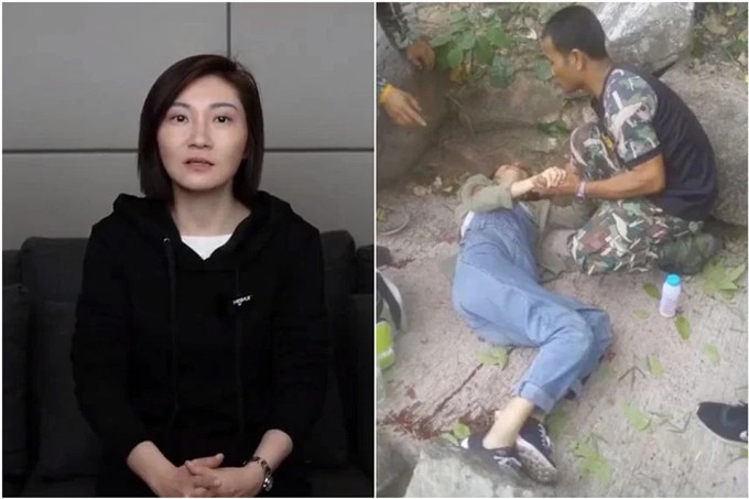 Wang được nhân viên cấp cứu sau khi bị chồng đẩy xuống vách đá và cô may mắn sống sót. Ảnh: Weibo.&nbsp;