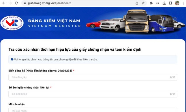 Cục Đăng kiểm Việt Nam khuyến cáo chủ xe vào trực tiếp địa chỉ: https://giahanxcg.vr.org.vn để thực hiện tra cứu.