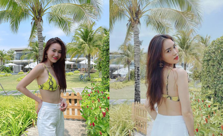 Hòa vào với chị em showbiz Việt diện bikini đón hè, Lan Ngọc kết hợp cá tính cùng quần suông.
